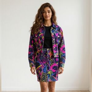 Versace Jeans Couture Jacket Vibrant Jester Geometric Two-Piece Skirt Set Xs